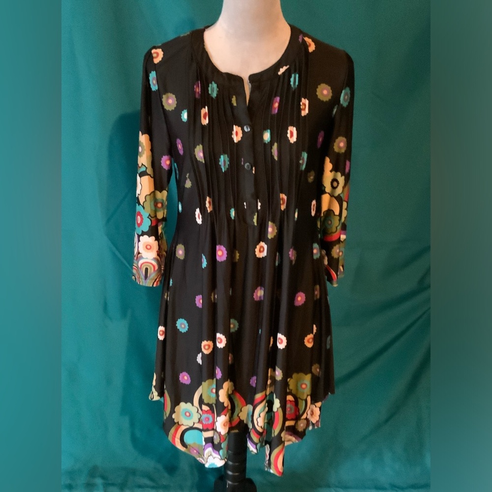 REBORN, WOMENS’ Size Large MIDI DRESS, BLACK WITH FLORAL PATTERN, (NWT)